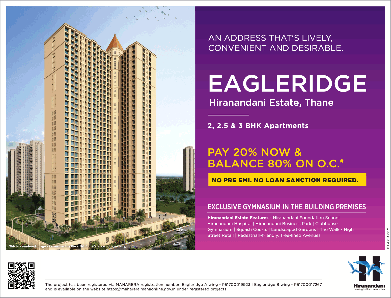 Pay 20% now & balance 80% on OC at Hiranandani Eagleridge in Mumbai
